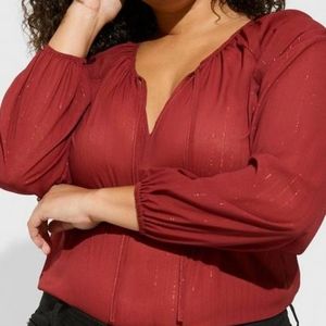 Red Crinkle Chiffon Tie Front Long Sleeve Blouse NWT